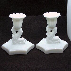 VTG - A pair of Milk Glass, Westmoreland Koi/Dolphin, Candlestick Holders